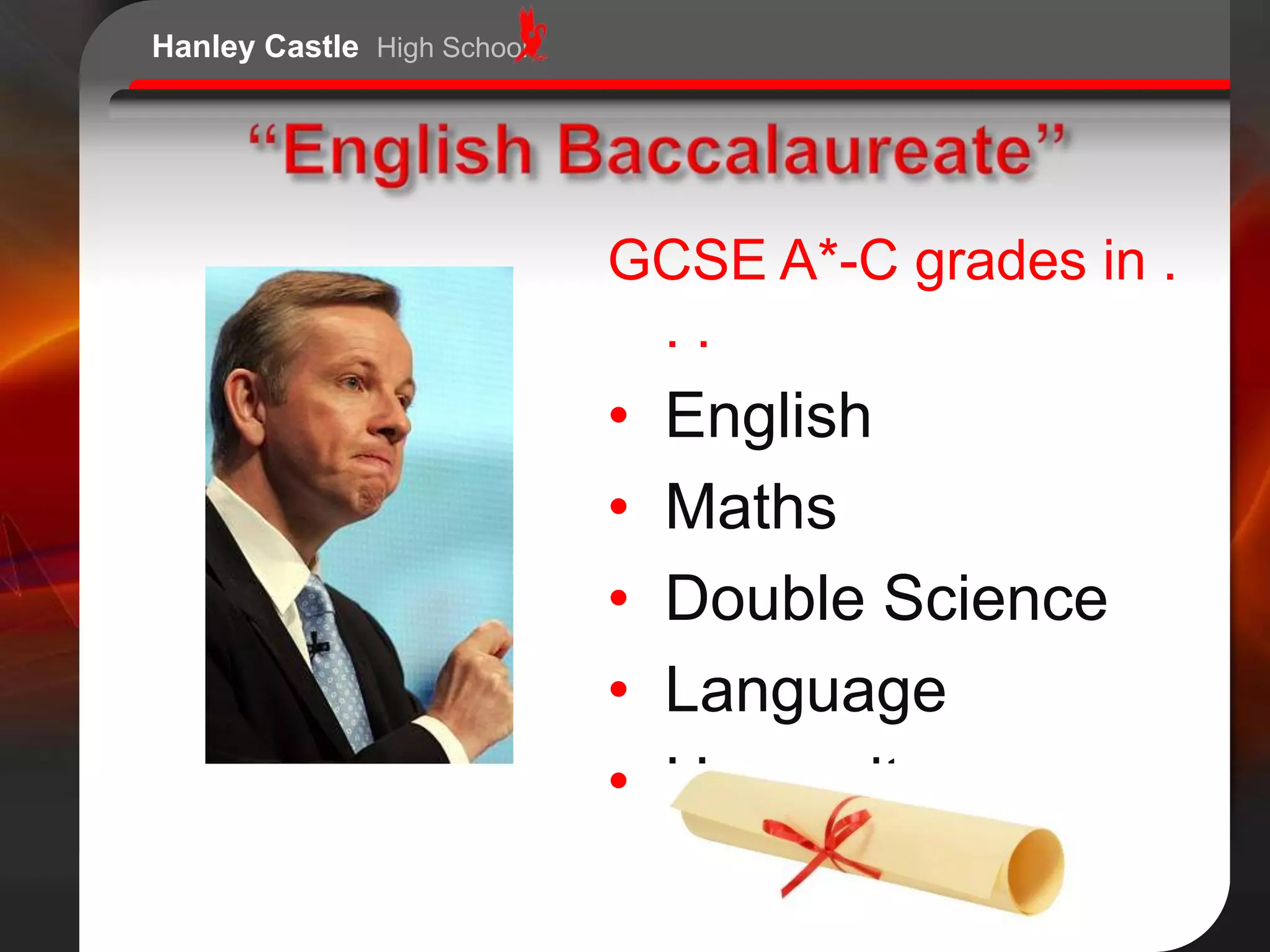 Hanley Castle High School




                            GCSE A*-C grades in .
                             ..
                            •   English
                            •   Maths
                            •   Double Science
                            •   Language
                            •   Humanity
 