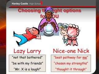 Hanley Castle High School




 Lazy Larry                 Nice-one Nick
“not that bothered”         “best pathway for me”
“be with my friends”        “chosen my strengths”
 “Mr. X is a laugh!”        “thought it through”
 