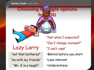 Hanley Castle High School




                            “Not what I expected”
                            “Can I change courses?”
 Lazy Larry                 “I can’t cope”
“not that bothered”         •Behind before you start
“be with my friends”        •Lose interest
 “Mr. X is a laugh!”        •Underachieve
 