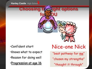 Hanley Castle High School




•Confident start            Nice-one Nick
•Knows what to expect       “best pathway for me”
•Reason for doing well      “chosen my strengths”
•Progression at age 16      “thought it through”
 