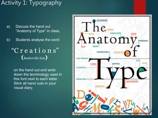 Activity 1: Typography
a) Discuss the hand out
”Anatomy of Type” in class.
b) Students analyse the word
“C r e a t i o n s”
(Baskerville font)
on the hand out and write
down the terminology used in
this font next to each letter.
Stick all hand outs in your
visual diary.
 