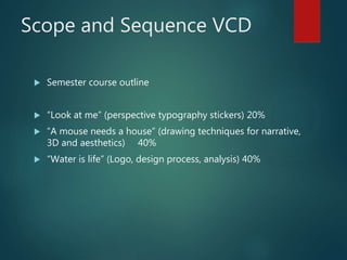 Scope and Sequence VCD
 Semester course outline
 “Look at me” (perspective typography stickers) 20%
 “A mouse needs a house” (drawing techniques for narrative,
3D and aesthetics) 40%
 “Water is life” (Logo, design process, analysis) 40%
 