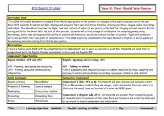 KS3 Digital Studies Year 8: First World War Poetry
Curriculum Aims:
This SOW will enable students to explore First World War poetry in the context of changes in the public’s perception of the war
from 1914 onwards. Students will plan, develop and evaluate their own interactive timeline, utilising narrative, images, audio recordings
and videos. This should portray how the style, tone and content of selected war poetry reflected the changing national mood in Britain
during and after the Great War. As part of this process, students will utilise a range of techniques for analysing poetry using
technology, whilst also developing their ability to explore the historical, social and cultural context of poetry. Pupils will ultimately
write and perform their own poem of remembrance. This SOW explicitly complements the topic studied in English, in which pupils will
be analysing and interpreting First World War poetry.
Information:
This is a twelve week SOW with two opportunities for assessment; one in week six and one in week ten. Students will need time to
comprehend both the Digital Studies assessment criteria and the English APP.
Assessment Opportunities
Digital Studies: AF1 and AF3 English: Speaking and Listening: AF1
AF1 - Planning, developing and evaluating
AF3 - Finding, using and communicating
information
AF1: Talking to others
Talk in purposeful and imaginative ways to explore ideas and feelings, adapting and
varying structure and vocabulary according to purpose, listeners, and content
Skills Developed Summative Assessment
Digital Literacy MovieMaker Assessment 1 (DS: AF1 & 3): All students will plan, develop and evaluate a short
film on Moviemaker in which they use images, music and quotes from war poetry to
illustrate the mood, tone and content of a selected WW1 poem.
Assessment 2 (English S&L AF1): All students will present their completed poem
of remembrance to members of the class. Each performance will either be observed
or recorded to enable assessment and moderation.
Research & Planning Source analysis
Developing Interactive timeline
Evaluating Embedding files
Oracy Wordclouds
Title Learning objectives Available Possible teaching activities Key Assessment
 