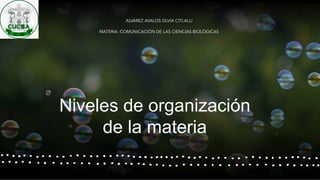 Niveles de organización
de la materia
ALVAREZ AVALOS SILVIA CITLALLI
MATERIA: COMUNICACIÓN DE LAS CIENCIAS BIOLÓGICAS
 