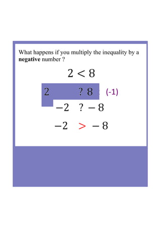 What happens if you multiply the inequality by a 
negative number ?
x   (‐1) x   (‐1)
 
