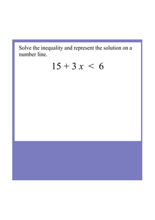 Solve the inequality and represent the solution on a 
number line.
15 + 3 x  <  6
 