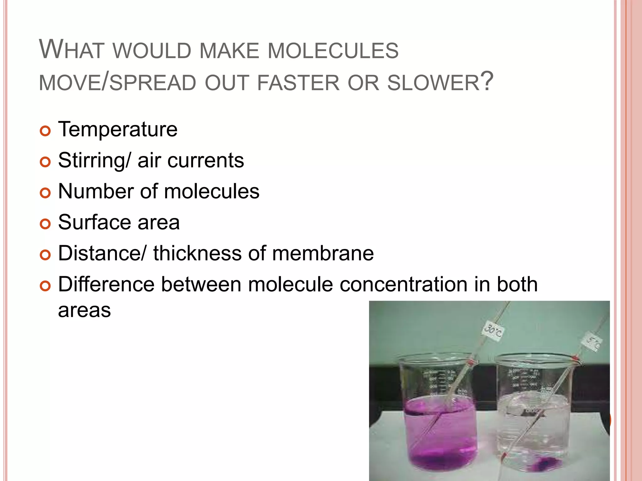 WHAT WOULD MAKE MOLECULES
MOVE/SPREAD OUT FASTER OR SLOWER?
 Temperature
 Stirring/ air currents
 Number of molecules
 Surface area
 Distance/ thickness of membrane
 Difference between molecule concentration in both
areas
 