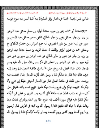 ‫ﻭﻛ‬ ‫ﺩﺟﻞ‬ ‫ﺑﻞ‬ ‫ﺧﻮﺍﺭﻕ‬ ‫ﻟﻴﺲ‬ ‫ﺍﻟﺪﺟﺎﻝ‬ ‫ﺍﻟﻤﺴﻴﺢ‬
‫ﺍﻟﺒﻨﺪﺍﺭﻱ‬ ‫ﺍﻟﻐﻔﺎﺭ‬ ‫ﻋﺒﺪ‬ ‫ﺳﻠﻴﻤﺎﻥ‬ ‫ﺍﻟﻐﻔﺎﺭ‬ ‫ﻋﺒﺪ‬ ‫ﻟﻠﺪﻛﺘﻮﺭ‬ ‫ﻟﻠﺠﺎﻥ‬ ‫ﻭﺗﺴﺨﻴﺮ‬ ‫ﺬﺏ‬
124
‫ﻗﻮﻣــﻪ‬ ‫ﻧــﻮح‬ ‫ﺑــﻪ‬ ‫ﻧــﺬر‬ٔ ‫ﻛــﲈ‬ ‫ﺑــﻪ‬ ‫ﻧــﺬرﲂ‬ٔ ‫ﱐ‬ٕ‫ا‬‫و‬ ‫اﻟﻨــﺎر‬ ‫ﱔ‬ ‫اﳉﻨــﺔ‬ ‫ٕﳖــﺎ‬‫ا‬ ‫ﯾﻘــﻮل‬ ‫ﻓــﺎﻟﱵ‬
2937
‫ﺪﺛ‬ ‫ﺣﺮب‬ ‫ﻦ‬ ‫زﻫﲑ‬ ‫ﳥﺔ‬ ‫ﺧ‬ ‫ﺑﻮ‬ٔ ‫ﺪﺛﻨﺎ‬
‫اﻟـﺮﲪﻦ‬ ‫ﻋﺒﺪ‬ ‫ﺪﺛﲏ‬ ‫ﻣﺴﲅ‬ ‫ﻦ‬ ‫ﻟﯿﺪ‬‫ﻮ‬‫اﻟ‬ ‫ﻨﺎ‬
‫ﻦ‬ ‫اﻟﺮﲪﻦ‬ ‫ﻋﺒﺪ‬ ‫ﺪﺛﲏ‬ ‫ﲪﺺ‬ ‫ﻗﺎﴈ‬ ‫اﻟﻄﺎﰄ‬ ‫ﺮ‬‫ﺎ‬ ‫ﻦ‬ ‫ﳛﲕ‬ ‫ﺪﺛﲏ‬ ‫ﺮ‬‫ﺎ‬ ‫ﻦ‬ ‫ﯾﺪ‬‫ﺰ‬ ‫ﻦ‬
‫ح‬ ‫ﰊ‬ ‫اﻟـ‬ ‫ﲰﻌـﺎن‬ ‫ـﻦ‬ ‫اس‬‫ﻮ‬‫اﻟﻨـ‬ ‫ﲰـﻊ‬ ‫ﻧـﻪ‬ٔ ‫اﳊﴬـﱊ‬ ‫ﻧﻔـﲑ‬ ‫ـﻦ‬ ‫ـﲑ‬ ‫ﺟ‬ ‫ﺑﯿـﻪ‬ٔ ‫ﻋﻦ‬ ‫ﲑ‬ ‫ﺟ‬
‫اﻟﺮﲪﻦ‬ ‫ﻋﺒﺪ‬ ‫ﺪﺛﻨﺎ‬ ‫ﻣﺴﲅ‬ ‫ﻦ‬ ‫ﻟﯿﺪ‬‫ﻮ‬‫اﻟ‬ ‫ﺪﺛﻨﺎ‬ ‫اﻠﻔﻆ‬‫و‬ ‫ازي‬‫ﺮ‬‫اﻟ‬ ‫ان‬‫ﺮ‬ ‫ﻦ‬ ‫ﶊﺪ‬ ‫ﺪﺛﲏ‬ ‫و‬
‫ﯾ‬‫ﺰ‬ ‫ﻦ‬
‫ﻋـﻦ‬ ‫ﻧﻔـﲑ‬ ‫ﻦ‬ ‫ﲑ‬ ‫ﺟ‬ ‫ﻦ‬ ‫اﻟﺮﲪﻦ‬ ‫ﻋﺒﺪ‬ ‫ﻋﻦ‬ ‫اﻟﻄﺎﰄ‬ ‫ﺮ‬‫ﺎ‬ ‫ﻦ‬ ‫ﳛﲕ‬ ‫ﻋﻦ‬ ‫ﺮ‬‫ﺎ‬ ‫ﻦ‬ ‫ﺪ‬
‫وﺳﲅ‬ ‫ﻠﯿﻪ‬ ‫ﷲ‬ ‫ﺻﲆ‬ ‫ﷲ‬ ‫رﺳﻮل‬ ‫ﺮ‬‫ذ‬ ‫ﻗﺎل‬ ‫ﲰﻌﺎن‬ ‫ﻦ‬ ‫اس‬‫ﻮ‬‫اﻟﻨ‬ ‫ﻋﻦ‬ ‫ﻧﻔﲑ‬ ‫ﻦ‬ ‫ﲑ‬ ‫ﺟ‬ ‫ﺑﯿﻪ‬ٔ
‫ٕﻟﯿـﻪ‬‫ا‬ ‫ـﺎ‬ ‫رﺣ‬ ‫ﻓﻠـﲈ‬ ‫ـﻞ‬ ‫اﻟﻨ‬ ‫ﻃﺎﺋﻔـﺔ‬ ‫ﰲ‬ ‫ﻨﻨـﺎﻩ‬‫ﻇ‬ ‫ﺣـﱴ‬ ‫ورﻓﻊ‬ ‫ﻪ‬ ‫ﻓ‬ ‫ﳀﻔﺾ‬ ‫ﺪاة‬ ‫ذات‬ ‫ﺎل‬ ‫ا‬
‫ذ‬ ‫ﷲ‬ ‫رﺳﻮل‬ ‫ﻗﻠﻨﺎ‬ ‫ﲂ‬ٔ ‫ﺷ‬ ‫ﻣﺎ‬ ‫ﻓﻘﺎل‬ ‫ﻨﺎ‬ ‫ﻓ‬ ‫ذ‬ ‫ﻋﺮف‬
‫ـﻪ‬ ‫ﻓ‬ ‫ﳀﻔﻀﺖ‬ ‫ﺪاة‬ ‫ﺎل‬ ‫ا‬ ‫ﺮت‬
ٔ‫و‬ ‫ﳜﺮج‬ ‫ٕن‬‫ا‬ ‫ﻠﯿﲂ‬ ‫ﺧﻮﻓﲏ‬ٔ ‫ﺎل‬ ‫ا‬ ‫ﲑ‬ ‫ﻓﻘﺎل‬ ‫ﻞ‬ ‫اﻟﻨ‬ ‫ﻃﺎﺋﻔﺔ‬ ‫ﰲ‬ ‫ﻨﻨﺎﻩ‬‫ﻇ‬ ‫ﺣﱴ‬ ‫ورﻓﻌﺖ‬
‫ﲆ‬ ‫ﻠﯿﻔﱵ‬ ‫وﷲ‬ ‫ﻧﻔﺴﻪ‬ ‫ﲩﯿﺞ‬ ‫ﻓﺎﻣﺮؤ‬ ‫ﲂ‬ ‫ﻓ‬ ‫ﻟﺴﺖ‬‫و‬ ‫ﳜﺮج‬ ‫ن‬ٕ‫ا‬‫و‬ ‫دوﲂ‬ ‫ﻪ‬ ‫ﲩﯿ‬ ٔ ‫ﻓ‬ ‫ﲂ‬ ‫ﻓ‬
‫درﻛـﻪ‬ٔ ‫ﳁﻦ‬ ‫ﻗﻄﻦ‬ ‫ﻦ‬ ‫اﻟﻌﺰى‬ ‫ﺑﻌﺒﺪ‬ ‫ﺷﳢﻪ‬ٔ ‫ﱐ‬ٔ ‫ﺔ‬ ‫ﻃﺎﻓ‬ ‫ﯿﻨﻪ‬‫ﻋ‬ ‫ﻗﻄﻂ‬ ‫ﺷﺎب‬ ‫ٕﻧﻪ‬‫ا‬ ‫ﻣﺴﲅ‬ ‫ﰻ‬
ٔ‫ﻓﻠﯿﻘﺮ‬ ‫ﲂ‬ ‫ﻣ‬
‫ﯿﻨـﺎ‬‫ﳝ‬ ‫ﻓﻌـﺎث‬ ‫اق‬‫ﺮ‬‫اﻟﻌ‬‫و‬ ‫م‬ٔ ‫اﻟﺸ‬ ‫ﺑﲔ‬ ‫ﺎرج‬ ‫ٕﻧﻪ‬‫ا‬ ‫اﻟﻜﻬﻒ‬ ‫ﺳﻮرة‬ ‫اﰌ‬‫ﻮ‬‫ﻓ‬ ‫ﻠﯿﻪ‬
‫ﺑﻌـﻮن‬‫ر‬ٔ ‫ﻗـﺎل‬ ‫رض‬ٔ ‫ا‬ ‫ﰲ‬ ‫ﺒﺜﻪ‬‫ﻟ‬ ‫وﻣﺎ‬ ‫ﷲ‬ ‫رﺳﻮل‬ ‫ﻗﻠﻨﺎ‬ ‫ا‬‫ﻮ‬ ‫ﻓﺎﺛ‬ ‫ﷲ‬ ‫ﻋﺒﺎد‬ ‫ﺷﲈﻻ‬ ‫ﺎث‬ ‫و‬
‫ﷲ‬ ‫رﺳـﻮل‬ ‫ﻗﻠﻨـﺎ‬ ‫ﻣـﲂ‬ ٔ ‫ﻣـﻪ‬ ٔ ‫ﺮ‬‫وﺳـﺎ‬ ‫ﺠﻤﻌـﺔ‬ ‫ﯾﻮم‬‫و‬ ‫ﺸﻬﺮ‬ ‫ﯾﻮم‬‫و‬ ‫ﺴﻨﺔ‬ ‫ﯾﻮم‬ ‫ﯾﻮﻣﺎ‬
 