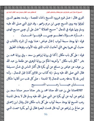 ‫ﻭﻛ‬ ‫ﺩﺟﻞ‬ ‫ﺑﻞ‬ ‫ﺧﻮﺍﺭﻕ‬ ‫ﻟﻴﺲ‬ ‫ﺍﻟﺪﺟﺎﻝ‬ ‫ﺍﻟﻤﺴﻴﺢ‬
‫ﺍﻟﺒﻨﺪﺍﺭﻱ‬ ‫ﺍﻟﻐﻔﺎﺭ‬ ‫ﻋﺒﺪ‬ ‫ﺳﻠﻴﻤﺎﻥ‬ ‫ﺍﻟﻐﻔﺎﺭ‬ ‫ﻋﺒﺪ‬ ‫ﻟﻠﺪﻛﺘﻮﺭ‬ ‫ﻟﻠﺠﺎﻥ‬ ‫ﻭﺗﺴﺨﻴﺮ‬ ‫ﺬﺏ‬
96
‫ﻓﻘﺎل‬ ‫اﻟﻌﺮﰊ‬
:
‫اﻟﺴـﲔ‬ ‫ﺑﻌﻀـﻬﻢ‬ ‫وﺷـﺪد‬ ، ‫اﳌﻌﺠﻤـﺔ‬ ‫ﳋـﺎء‬ ‫ﺴـﯿﺦ‬‫ﳌ‬‫ا‬ ‫ﻓـﺮووﻩ‬ ‫ﻗـﻮم‬ ‫ﺿـﻞ‬
‫ﻠﯿـﻪ‬ ‫ﷲ‬ ‫ﺻـﲆ‬ ‫اﻟﻨﱯ‬ ‫ﻓﺮق‬ ‫وﻗﺪ‬ ، ‫ﺰﲻﻬﻢ‬ ‫ﻣﺮﱘ‬ ‫ﻦ‬‫ا‬ ‫ﴗ‬ ‫ﺴﯿﺢ‬‫ﳌ‬‫ا‬ ‫ﺑﲔ‬‫و‬ ‫ﻪ‬ ‫ﺑ‬ ‫ا‬‫ﻮ‬‫ﻗ‬‫ﺮ‬‫ﻟﯿﻔ‬
‫ﺎل‬ ‫ا‬ ‫ﰲ‬ ‫ﺑﻘﻮ‬ ‫ﳯﲈ‬ ‫ﺑ‬ ‫وﺳﲅ‬
"
‫اﻟﻀﻼ‬ ‫ﺴﯿﺢ‬‫ﻣ‬
"
‫ﻣ‬ ‫ﴗ‬ ‫ن‬ٔ ‫ﲆ‬ ‫ﻓﺪل‬
‫اﻟﻬﺪى‬ ‫ﺴﯿﺢ‬
‫ــــــﺪﯾﺚ‬‫ـ‬‫اﳊ‬ ‫ا‬‫ﻮ‬‫ــــــ‬‫ـ‬‫ﻓ‬‫ﺮ‬‫ﲿ‬ ‫ــــــ‬‫ـ‬‫ﴗ‬ ‫ــــــﲓ‬‫ـ‬‫ﺗﻌﻈ‬ ‫ــــــﺆﻻء‬‫ـ‬‫ﻫ‬ ‫اد‬‫ر‬ٔ ‫ــــــ‬‫ـ‬‫ﻓ‬ ،
.
‫ﻗﻮ‬
:
‫اب‬‫ﻮ‬‫ﺑـ‬ٔ ‫ﺳـﺒﻌﺔ‬ ‫ﺬ‬ ‫ﯾﻮﻣ‬ ‫ﻟﻬﺎ‬
(
‫ﻋﯿـﺎض‬ ‫ﻗـﺎل‬
:
‫ﰲ‬ ‫ﻧﻘـﺎب‬ٔ ‫اد‬‫ﺮ‬‫اﳌـ‬ ‫ن‬ٔ ‫ﯾـﺪ‬‫ﺆ‬‫ﯾ‬ ‫ﻫـﺬا‬
‫ﯾﻖ‬‫ﺮ‬‫اﻟﻄ‬ ‫وﻓﻮﻫﺎت‬ ‫اب‬‫ﻮ‬‫ﺑ‬ٔ ‫ا‬ ‫ﯾﻠﯿﻪ‬ ‫ي‬ ‫ا‬ ‫اﻟﺒﺎب‬ ‫ﺎدﯾﺚ‬ ٔ ‫ﱐ‬ ‫ﯾﻌﲏ‬ ‫ﻫﺮﺮة‬ ‫ﰊ‬ٔ ‫ﺪﯾﺚ‬
‫ﻗﻮ‬
:
‫ﻣﻠﲀن‬ ‫ب‬ ‫ﰻ‬ ‫ﲆ‬
(
‫رو‬ ‫وﰲ‬ ، ‫ﺳﻌﺪ‬ ‫ﻦ‬ ‫اﻫﲓ‬‫ﺮ‬ ٕ‫ا‬ ‫رواﯾﺔ‬ ‫ﰲ‬ ‫ﻛﺬا‬
‫ـﻦ‬ ‫ﶊـﺪ‬ ‫اﯾﺔ‬
‫ﴩ‬
"
‫ﻣﻠﲀن‬ ‫ب‬ ‫ﻟﲁ‬
"
‫ﷲ‬ ‫ﻋﺒﺪ‬ ‫ﻦ‬ ‫ﺔ‬ ‫ﻃﻠ‬ ‫ﻋﻦ‬ ‫اﻟﺰﻫﺮي‬ ‫رواﯾﺔ‬ ‫ﻣﻦ‬ ‫اﳊﺎﰼ‬ ‫ﻪ‬ ‫ﺧﺮ‬ٔ‫و‬
‫ﺴـﯿﻠﻤﺔ‬‫ﻣ‬ ‫ن‬ٔ ‫ﺷـ‬ ‫ﰲ‬ ‫اﻟﻨـﺎس‬ ‫ﻛـﱶ‬ٔ ‫ﻗﺎل‬ ‫ﻜﺮة‬ ‫ﰊ‬ٔ ‫ﻋﻦ‬ ‫ﻣﺴﺎﻓﻊ‬ ‫ﻦ‬ ‫ﻋﯿﺎض‬ ‫ﻋﻦ‬ ‫ﻋﻮف‬ ‫ﻦ‬
‫وﺳﲅ‬ ‫ﻠﯿﻪ‬ ‫ﷲ‬ ‫ﺻﲆ‬ ‫اﻟﻨﱯ‬ ‫ﻓﻘﺎل‬
:
‫ﻧـﻪ‬ٔ‫و‬ ، ‫ـﺎل‬ ‫ا‬ ‫ﻞ‬ ‫ﻗ‬ ‫ﻛﺬا‬ ‫ﺛﻼﺛﲔ‬ ‫ﻣﻦ‬ ‫ﻛﺬاب‬ ‫ٕﻧﻪ‬‫ا‬
‫ٕﻻ‬‫ا‬ ‫ـﺎل‬ ‫ا‬ ‫رﻋـﺐ‬ ‫ﯾﺪ‬ ‫ٕﻻ‬‫ا‬ ‫ﺑ‬ ‫ﺲ‬ ‫ﻟ‬
‫ﻣﻠـﲀن‬ ‫ﻧﻘﺎﲠـﺎ‬ٔ ‫ﻣـﻦ‬ ‫ﻧﻘـﺐ‬ ‫ﰻ‬ ‫ـﲆ‬ ، ‫اﳌﺪﯾﻨـﺔ‬
‫ــــــــــــﯿﺢ‬‫ـ‬‫اﳌﺴ‬ ‫ــــــــــــﺐ‬‫ـ‬‫رﻋ‬ ‫ــــــــــــﺎ‬‫ـ‬‫ﻋﳯ‬ ‫ن‬ ‫ــــــــــــﺬ‬‫ـ‬‫ﯾ‬
.
6707
‫ـﻦ‬ ‫ﺳـﻌﺪ‬ ‫ـﺪﺛﻨﺎ‬ ‫ﻣﺴﻌﺮ‬ ‫ﺪﺛﻨﺎ‬ ‫ﴩ‬ ‫ﻦ‬ ‫ﶊﺪ‬ ‫ﺪﺛﻨﺎ‬ ‫ﷲ‬ ‫ﻋﺒﺪ‬ ‫ﻦ‬ ‫ﲇ‬ ‫ﺪﺛﻨﺎ‬
‫اﳌﺪﯾﻨـﺔ‬ ‫ﻞ‬ ‫ﯾﺪ‬ ‫ﻻ‬ ‫ﻗﺎل‬ ‫وﺳﲅ‬ ‫ﻠﯿﻪ‬ ‫ﷲ‬ ‫ﺻﲆ‬ ‫اﻟﻨﱯ‬ ‫ﻋﻦ‬ ‫ﻜﺮة‬ ‫ﰊ‬ٔ ‫ﻋﻦ‬ ‫ﺑﯿﻪ‬ٔ ‫ﻋﻦ‬ ‫اﻫﲓ‬‫ﺮ‬ ٕ‫ا‬
‫ﻣﻠﲀ‬ ‫ب‬ ‫ﰻ‬ ‫ﲆ‬ ‫اب‬‫ﻮ‬‫ﺑ‬ٔ ‫ﺳﺒﻌﺔ‬ ‫ﺬ‬ ‫ﯾﻮﻣ‬ ‫ﻟﻬﺎ‬ ‫ﺴﯿﺢ‬‫ﳌ‬‫ا‬ ‫رﻋﺐ‬
‫ٕﲮـﺎق‬‫ا‬ ‫ـﻦ‬‫ا‬ ‫وﻗـﺎل‬ ‫ﻗـﺎل‬ ‫ن‬
‫اﻟﻨـﱯ‬ ‫ﲰﻌـﺖ‬ ‫ﻜـﺮة‬ ‫ﺑـﻮ‬ٔ ‫ﱄ‬ ‫ﻓﻘﺎل‬ ‫اﻟﺒﴫة‬ ‫ﻗﺪﻣﺖ‬ ‫ﻗﺎل‬ ‫ﺑﯿﻪ‬ٔ ‫ﻋﻦ‬ ‫اﻫﲓ‬‫ﺮ‬ ٕ‫ا‬ ‫ﻦ‬ ‫ﺻﺎﱀ‬ ‫ﻋﻦ‬
 