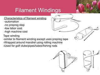 32
Filament Windings
Characteristics of filament winding
-automation
-no prepreg step
-low labor cost
-high machine cost
Tape winding
-similar to filament winding except uses prepreg tape
-Wrapped around mandrel using rolling machine
-Used for golf clubs/pipes/tubes/fishing rods
 