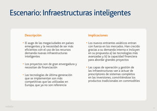 19 
Escenario: Infraestructuras inteligentes 
Descripción 
• El auge de las megaciudades en países 
emergentes y la necesidad de ser más 
eficientes con el uso de los recursos 
demanda nuevas infraestructuras 
inteligentes 
• Los proyectos son de gran envergadura y 
necesitan de financiación 
• Las tecnologías de última generación 
que se implementan son más 
competitivas que las utilizadas en 
Europa, que ya no son referencia 
Implicaciones 
• Los nuevos entrantes asiáticos entran 
con fuerza en los mercados. Han crecido 
gracias a su demanda interna e incluyen 
en su propuesta a) las tecnologías más 
avanzadas y b) la capacidad financiera 
para abordar grandes proyectos 
• Las capas de operación y gestión de 
las infraestructuras van a actuar de 
prescriptores de sistemas completos 
en las inversiones, convirtiéndose los 
productos tradicionales en commodities 
 