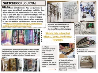 SKETCHBOOK JOURNAL
ideasYou will need a sketchbook. You can purchase a
ready made sketchbook but, please, no bigger than
A5 or A4 which are a perfect size. It is also really
easy to your own. You can use whatever you have at
home and the best bit is that you can add pages
later or combine different papers when you make
it. Visit this website for videos and tips on making
one https://www.accessart.org.uk/sketchbooks-
making-your-sketchbook-your-own/
You can make personal and interesting sketchbooks
by folding long strips of paper into a concertina. You
can work on both sides and you can add interest
and texture by cutting ‘windows’ through some
pages
1 cut your
cardboard cover to
size and fold it in
half
2 choose some
interesting paper
and cut it to size
3 Fold all your
pages in half and sit
them on top of each
other
4. Assemble all your
pieces together
5 use elastic or string to
ties them together. You
can also tie around it to
hold it shut
You can re-use unloved or
found books working over
the top of the existing pages
Watch this video first
https://youtu.be/6mwu-
HHz0WE
7. Decorate your
sketchbook and start using
it
 