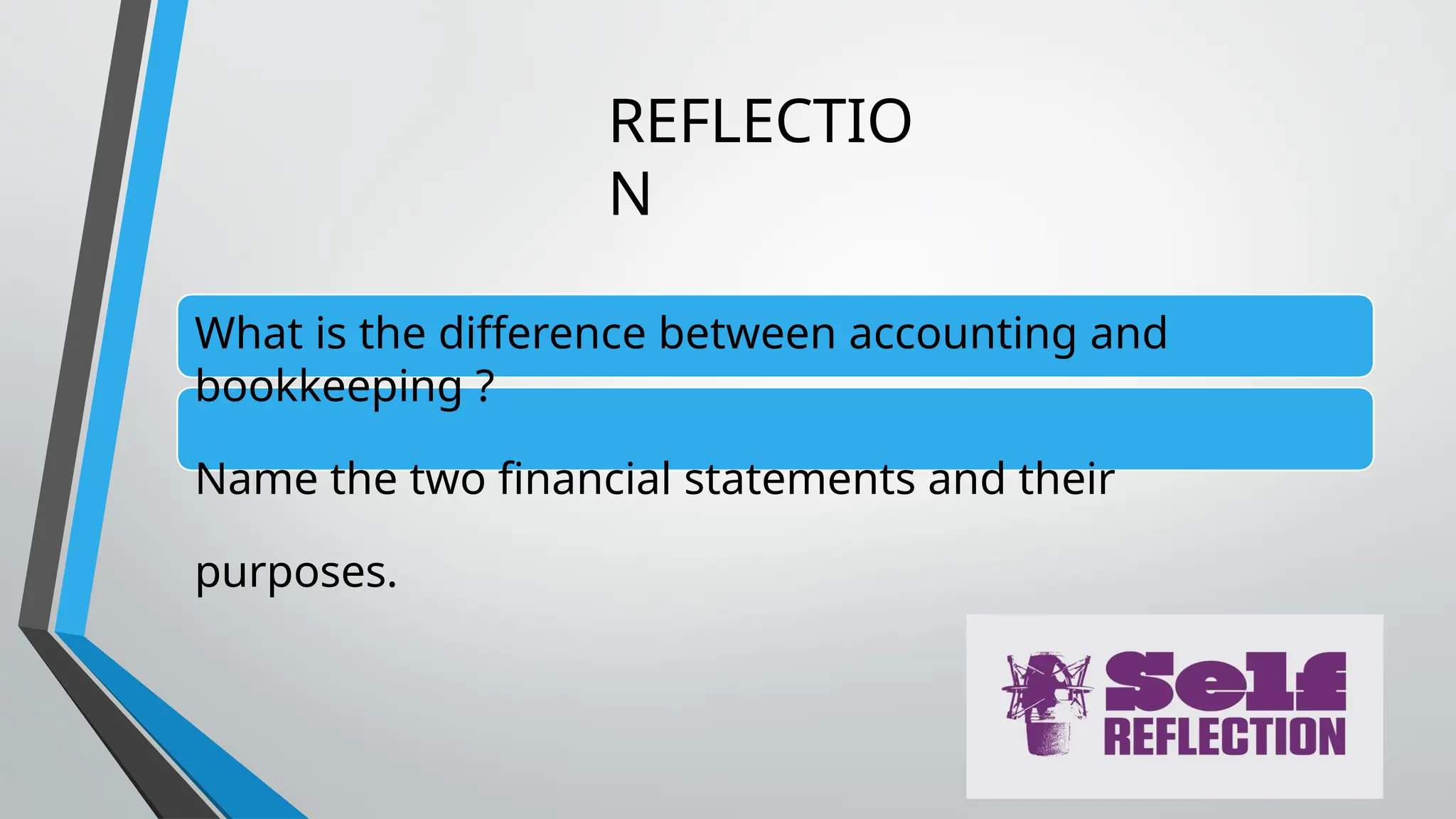 REFLECTIO
N
What is the difference between accounting and
bookkeeping ?
Name the two financial statements and their
purposes.
 