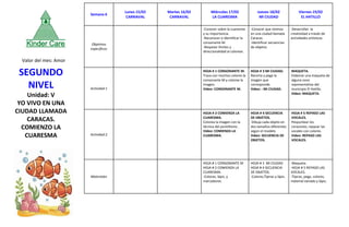 Semana 6
Lunes 15/02
CARNAVAL
Martes 16/02
CARNAVAL
Miércoles 17/02
LA CUARESMA
Jueves 18/02
MI CIUDAD
Viernes 19/02
EL HATILLO
Objetivos
específicos
-Conocer sobre la cuaresma
y su importancia.
-Reconocer e identificar la
consonante M.
-Respetar límites y
direccionalidad al colorear.
-Conocer que vivimos
en una ciudad llamada
Caracas.
-Identificar secuencias
de objetos.
-Desarrollar la
creatividad a través de
actividades artísticas.
Actividad 1
HOJA # 1 CONSONANTE M.
Traza con muchos colores la
consonante M y colorea la
imagen.
Video: CONSONANTE M.
HOJA # 3 MI CIUDAD.
Recorta y pega la
imagen que
corresponde.
Video: : MI CIUDAD.
MAQUETA.
Elaborar una maqueta de
alguna zona
representativa del
municipio El Hatillo.
Video: MAQUETA.
Actividad 2
HOJA # 2 COMIENZA LA
CUARESMA.
Colorea la imagen con la
técnica del puntillismo .
Video: COMIENZA LA
CUARESMA.
HOJA # 4 SECUENCIA
DE OBJETOS.
Dibuja cada objeto en
dos tamaños diferentes
según el modelo
Video: SECUENCIA DE
OBJETOS.
HOJA # 5 REPASO LAS
VOCALES.
Pespuntear los
corazones, repasar las
vocales con colores.
Video: REPASO LAS
VOCALES.
Materiales
HOJA # 1 CONSONANTE M
HOJA # 2 COMIENZA LA
CUARESMA.
-Colores, lápiz, y
marcadores.
HOJA # 3 MI CIUDAD
HOJA # 4 SECUENCIA
DE OBJETOS.
-Colores,Tijeras y lápiz.
-Maqueta.
-HOJA # 5 REPASO LAS
VOCALES.
-Tijeras, pega, colores,
material variado y lápiz.
Valor del mes: Amor
SEGUNDO
NIVEL
Unidad: V
YO VIVO EN UNA
CIUDAD LLAMADA
CARACAS.
COMIENZO LA
CUARESMA
 