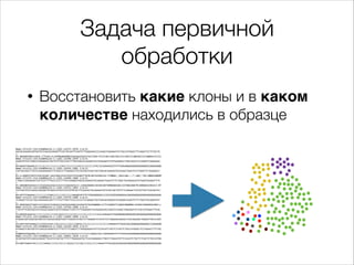 Задача первичной
обработки
•

Восстановить какие клоны и в каком
количестве находились в образце

@HWI-ST1155:154:D1M89ACX...