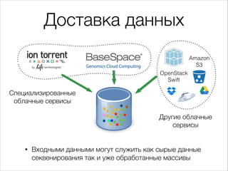 Доставка данных
Amazon
S3
OpenStack
Swift

Специализированные
облачные сервисы
Другие облачные
сервисы

•

Входными данным...
