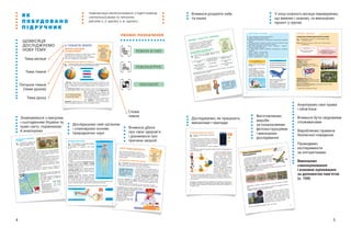 4 5
Тема місяця
Тема тижня
Питання тижня
(теми уроків)
Тема уроку
Досліджуємо свій організм
і опановуємо основи
природничих наук
Знайомимося з минулим
і сьогоденням України та
країн світу: порівнюємо
й аналізуємо
Слова
тижня
ЩОМІСЯЦЯ
ДОСЛІДЖУЄМО
НОВУ ТЕМУ
ТЕМИ МІСЯЦЯ СИНХРОНІЗОВАНО З ПІДРУЧНИКОМ
«УКРАЇНСЬКА МОВА ТА ЧИТАННЯ»
(АВТОРИ: О. Л. ІЩЕНКО, А. Ю. ІЩЕНКО )
4
V. ПЛАНЕТА ЗЕМЛЯ
ЗЕМЛЯ СЬОГОДНІ
І В МИНУЛОМУ
Як відображають Землю на глобусі? Де на Землі
найспекотніше? Як дізнаються про минуле
Землі? Якою була територія України в прадавні
часи? Як класифікують динозаврів?
СЛОВА ТИЖНЯ
екватор
Північний полюс
Південний полюс
паралелі
меридіани
теплові пояси
скам’янілості
палеонтолог
ЯК ВІДОБРАЖАЮТЬ ЗЕМЛЮ НА ГЛОБУСІ?
1. Навіщо потрібен глобус? Чим відрізняється глобус від карти? 2. Пока-
жіть на глобусі екватор, Північний і Південний полюси.
Екватор — уявна лінія, що розділяє Землю навпіл на Північну і Пів-
денну півкулі. Екватор розташований на однаковій відстані від Пів-
нічного і  Південного полюсів. На екваторі день і  ніч тривають по 12
годин.
На Північному полюсі немає суходолу, тільки лід завтовшки близь-
ко трьох метрів. Улітку тут ніколи не заходить сонце. Південний по-
люс розташований на суходолі, що
вкритий льодом завтовшки понад 2700
метрів. Південний полюс набагато хо-
лодніший від Північного.
На глобусі нанесено горизонтальні
лінії — паралелі і  вертикальні лінії — 
меридіани. Перетинаючись, вони утворюють сітку, яка допомагає
знайти координати будь-якої точки на поверхні Землі.
Хоч у який бік ви дивитиме-
теся на Північному полюсі,
це завжди буде південь.
МЕРИДІАНИ
ПАРАЛЕЛІ
ЕКВАТОР
ПІВНІЧНИЙ ПОЛЮС
ПІВДЕННИЙ ПОЛЮС
61
Різні види катапульт виникли дуже давно, і кож-
ний мав свою назву залежно від призначення.
Згодом їх усі стали називати однаково. Наша
катапульта колись мала назву баліста. У чому
відмінність? Снаряд балісти летить по дузі,
а у катапульти — прямо.
1. Випробуйте «снаряди» з  різних матеріалів, як-от: папір, фольга, пластилін
тощо.
2. Зробіть висновки про влучність і дальність пострілів. Чи впливає на них маса
«снаряда»? «Снаряд» із якого матеріалу важчий?
У наш час спеціальні стартові катапуль-
ти використовують для запуску літаків
з авіаносців. Їх застосовують тому, що на
борту корабля мало місця для зльоту,
а  катапульта надає літаку додаткового
прискорення. Також у  військових літаках
використовують крісло-катапульту, щоб
врятувати пілота у випадку аварії.
3. Чому, на вашу думку, авіаносці мають таку назву?
7 ПАЛИЧОК
2 ПАЛИЧКИ
3 ПАЛИЧКИ
1 ПАЛИЧКА
2 ГУМКИ
Для роботи потрібні: палички декоративні де-
рев’яні, гумки канцелярські, одноразова ложка.
Порядок роботи: виготовте катапульту за фотоінструкцією, приго-
туйте «снаряди» та змагайтеся.
Конструювання.
Катапульта
76
ЯК ПРАЦЮЄ МОБІЛЬНИЙ ТЕЛЕФОН?
1. Для чого використовують мобільний
телефон?
Усередині кожного мобільного телефона є
антена для відправлення і приймання дзвінків
та повідомлень, електрична плата для оброб-
ки сигналів, гучномовець, мікрофон і акумуля-
торна батарея для живлення.
На SIM-карті зберігається номер телефона
абонента.
У мобільних телефонах використовують батареї, які заряджаються
від електромережі.
1. Коли ви набираєте номер,
телефон (1) передає інформа-
цію на базову станцію (2). Ба-
зові станції — це великі
антени, які розкидані по всьо-
му світу. Кожна станція має
свою зону — шестикутну, як
бджолині стільники. Тому
і  зв’язок, і  телефони ще нази-
вають стільниковими.
2. Базова станція приймає
сигнал і  передає його на ко-
мутатор (3) (по  повітрю або
кабелю). 3. Комутатор поси-
лає сигнал на базову стан-
цію (4), що розташована найближче до того, кому ви дзвоните.
4. Базова станція відправляє сигнал на потрібний телефон (5).
Для точного визначення місцезнаходження телефона використову-
ють супутники.
2. Розкажіть про будову мобільного телефона. 3. За допомогою схеми поясніть,
як відбувається зв’язок між телефонами. 4. Яким буде телефон майбутнього?
5.  У  деяких школах забороняють користуватися мобільними телефонами. Чи
схвалюєте ви це?
2
1
3
4
5
Я К
П О Б У Д О В А Н О
П І Д Р У Ч Н И К
Вчимося дбати
про своє здоров’я
і дізнаємося про
причини хвороб
Вчимося розуміти себе
та інших
У кінці кожного місяця перевіряємо,
що вміємо і знаємо, та виконуємо
проєкт у групах
	 Аналізуємо свої права
і обов’язки
	 Вчимося бути свідомими
споживачами
	 Виробляємо правила
безпечної поведінки
	 Проводимо
експерименти
за алгоритмами
	 Виконуємо
самооцінювання
і взаємне оцінювання
за допомогою пам’яток
(с. 104)
Виготовляємо
вироби
за покроковими
фотоінструкціями
і виконуємо
дослідження
	 Досліджуємо, як працюють
механізми і прилади
УМОВНІ ПОЗНАЧЕННЯ
40
ЧОМУ ЛЮДИ ХВОРІЮТЬ?
Що є причиною інфекційних хвороб? Як
людський організм захищається від хвороб?
Які організми небезпечні для людини? Для чого
потрібні вітаміни? Чи можна захворіти, якщо
мало рухатися?
ЩО Є ПРИЧИНОЮ ІНФЕКЦІЙНИХ ХВОРОБ?
СЛОВА ТИЖНЯ
бактерії
віруси
інфекційні хвороби
імунітет
вакцини
щеплення
алергія
1. Пригадайте, що таке бактерії і віруси. Які мікроорганізми можуть бути
і корисними, і шкідливими, а які тільки шкідливим?
2. Прочитайте. Зверніть увагу на види хвороб та їхні причини.
Колись думали, що людина хворіє че-
рез гнів богів чи злих духів. І лише близь-
ко 500 років тому учені припустили, що
хвороба може мати зовнішні причини.
Є два основні види хвороб: інфекційні
(заразні) і  неінфекційні (незаразні). За-
разні хвороби виникають через те, що
в  організм людини потрапляють мікро-
організми — бактерії або віруси. Заразитися можна через повітря,
їжу, напої, отвори у  шкірі (порізи). Переносниками інфекційних хво-
роб можуть бути тварини.
Віруси викликають такі хвороби, як грип, кір, свинка, вітрянка.
Через хвороботворні бактерії виникають туберкульоз, холера, чума.
3. Пригадайте, коли ви востаннє хворіли. Запишіть,
якими були симптоми — ознаки хвороби. Це була ін-
фекційна чи неінфекційна хвороба?
4. Як захиститися від інфекцій-
них хвороб? Як запобігти хворо-
бам, що передаються через
повітря? Як зменшити ризик не-
інфекційних хвороб?
5. Дізнайтеся в батьків, чи роби-
ли вам щеплення. Чому «так»
або чому «ні»?
Як запобігти інфекційним
хворобам? Часто мити
руки, їсти тільки чисті й
свіжі, відповідно пригото-
вані продукти. Не вжива-
ти сирих яєць.
35
ЯК МОЗОК КЕРУЄ ВСІМ?
1. Чим людина, на вашу думку, відрізня-
ється від інших ссавців?
2. Пригадайте, як працюють наші органи
чуття.
Людський мозок надзвичайно склад-
ний. Навіть учені не знають точно, як він
працює. Однак їм відомо, що нервові
клітини (нейрони) використовують елек-
трику та хімічні речовини для надсилан-
ня повідомлень від частин тіла до мозку
і назад.
Мозок є складовою нервової системи.
До неї входять також нерви і  чутливі
клітини. Нерви пов’язують мозок з усіма
частинами нашого тіла.
Мозок складається з кількох відділів.
Головний мозок керує мовленням, слу-
хом. Завдяки йому ми маємо пам’ять,
можемо мислити.
Прості й  швидкі рішення приймає
спинний мозок. Ми відсмикуємо руку,
коли обпечемся, навіть не думаючи про
це. Чутливі клітини по нервах посила-
ють сигнал до спинного мозку, який одразу ж наказує м’язам скоро-
титися. Спинний мозок керує роботою внутрішніх органів.
3. За малюнком поясніть, чому ми відсмикуємо руку, коли вкололися.
ГОЛОВНИЙ МОЗОК
НЕРВИ
СПИННИЙ МОЗОК
НЕРВОВІ СИГНАЛИ
ЧУТЛИВІ КЛІТИНИ ГОЛОВНИЙ
МОЗОК
СПИННИЙ
МОЗОК
29
ЯК ДІСТАТИСЬ «ІЗ ВАРЯГІВ
У ГРЕКИ»?
1. Прочитайте і  поясніть, які
транспортні засоби використо-
вували наші предки і чому.
У 10–11 століттях країни Єв-
ропи з півночі на південь пов’я-
зував торговий шлях «із варягів
у  греки». Так називали маршрут між Балтійським і  Чорним морями,
зокрема по Дніпру. Починався шлях у  країнах навколо Балтійського
моря, проходив Київською державою і  закінчувався у  Візантії. Зага-
лом подорож тривала не менш ніж три місяці.
На ділянках між водоймами судна перетягували (волочили) по суші
на котках. Або  ж товари переносили чи перетягували на судна в  ін-
шій водоймі. Згадка про це збереглася в географічних назвах: Воло-
чиськ (Хмельницька обл.), Переволочна (Чернігівська обл.) та ін.
Цим торговим шляхом ходили купці, купуючи і  продаючи товари.
Разом із заморським крамом вони привозили розповіді про інші кра-
їни, культуру і традиції різних народів.
Якщо той самий шлях перенести на сучасну карту, то вийде, що
його крайня північна точка лежить у  Швеції, а  крайня південна — 
у Туреччині.
2. Що зараз пов’язує різні країни між
собою? Як ми сьогодні дізнаємося про
інші країни?
3. Розгляньте фрагмент розкладу пря-
мих рейсів літаків за маршрутом
Стокгольм — Стамбул.
Скільки триває
політ?
Від Стокгольма до
Стамбула 6782 км.
За допомогою каль-
кулятора обчисліть,
з якою швидкістю летить літак.
За допомогою карти з’ясуйте, над
якими країнами пролітає літак.
Виліт Приліт
11:15 15:45
23:15 05:10
РОБОТА В ПАРІ
РОБОТА В ГРУПІ
ТЕХНОЛОГІЇ
14
ДУМКИ—ПОЧУТТЯ—ВЧИНКИ
Як позитивні й негативні думки впливають
на наше життя? Як навчитися керувати
емоціями? Як стати хорошим учнем?
Якими є навички майбутнього? Навіщо
пишатися своїми досягненнями?
ЯК ПОЗИТИВНІ Й НЕГАТИВНІ ДУМКИ
ВПЛИВАЮТЬ НА НАШЕ ЖИТТЯ?
1. Прочитайте. Які з  наведених думок є позитив-
ними, а  які — негативними? Поясніть, як ви
міркували.
СЛОВА ТИЖНЯ
думки
почуття
позитивний
негативний
досягнення
навички
хорошого учня
Я ніколи не розв’яжу цю
задачу!
Не можу дочекатися,
щоб побачити одноклас-
ників і вчительку.
Не сумніваюся, що знову
прибіжу останнім.
А якщо мене не вибе-
руть у команду?
Це неможливо!
Це складно, але так
цікаво.
Ми допоможемо, і тобі
це вдасться.
Ненавиджу читати.
Наступного разу буде
краще.
2. Прочитайте. Поясніть, як пов’язані думки і почуття. Розкажіть, як почувалися
діти залежно від того, що думали.
Наші думки викликають у нас певні емоції (почуття). Важливо вмі-
ти відділяти думки від почуттів і  розуміти різницю між ними. Коли
ми відчуваємо певну емоцію, особливо негативну, варто запитати
себе: які думки змусили нас це відчувати?
Я забула флешку з презен-
тацією. Прийду і зразу ска-
жу вчительці. Попрошу,
щоб дозволила завтра по-
казати. Я ж старалася.
І, так, буду уважнішою.
Я забула флешку з презен-
тацією. Тепер всі подума-
ють, що я її не зробила
і просто обманюю. Я ж ста-
ралася. Яка ж я розтелепа!
46 47
ПІДСУМОК МІСЯЦЯ
1.	 Чому	природа	Азії	дуже	різноманітна?
2.	Назвіть	найдовші	річки	Європи.
3.		
Порівняйте	 качкодзьоба	 і	 крокодила	 за	 допомогою	 діаграми	
Венна.
4.		
Як	долали	шлях	«із	варягів	у	греки»	10	століть	тому?	Як	люди	
дізнавалися	про	життя	на	далеких	землях?
5.	 	
Які	 слова	 пропущені?	 Італія	 –	 Рим	 –	 Колізей;	 …	 –	 Прага	 –	
Празькі	куранти;	Франція	–	…	–	…	.
6.		
У	 якому	 рядку	 подано	 правильну	 послідовність	 харчового	
ланцюга?
А	Кит криль фітопланктон	
Б	Фітопланктон криль кит	
В	Криль фітопланктон кит
Г	 Кит фітопланктон криль
Виберіть одну з тем і напишіть
5 речень.
1. У якій країні ви хотіли б по-
бувати і чому?
2. Чому Америку не назвали
на честь Христофора Колумба?
3. Чи вижила б панда за По-
лярним колом, а білий вед-
мідь — у вологих лісах Китаю?
Маса синього кита може сяга-
ти 150 т, а африканського
слона — 7000 кг.
На скільки тонн африканський
слон легший за синього кита?
У скільки разів синій кит важ-
чий за африканського слона?
5 РЕЧЕНЬ
УКРАЇНСЬКА МОВА
МАТЕМАТИКА
ПРОЄКТ МІСЯЦЯ
СТВОРЕННЯ І ПРЕЗЕНТАЦІЯ ПАСПОРТА КРАЇНИ
1. Об’єднайтеся в групи по 4—6 учнів, виберіть країну
і виконайте проєкт.
Мета:		
Дізнатися	про	одну	з	країн	світу	і	презентувати	
її товаришам.
Вікторину або тести,
щоб перевірити, чи уважними
були ваші товариші
Цікаві короткі розповіді,
ілюстрації, фото
СКЛАДІТЬ
ПАСПОРТ КРАЇНИ (ПРИКЛАД)
ПІДГОТУЙТЕ
Країна:	Велика	Британія
Материк:	Євразія
Столиця:	Лондон
Мова спілкування:	англійська
Грошова одиниця:	фунт	стерлінгів
Прапор:
Найдовша річка:	Северн
Традиційна страва: недільна	печеня
Відомі британці:	Королева	Єлизаве-
та ІІ,	Пол	Маккартні
Визначні культурні пам’ятки:	Стоунхендж,	Біг-Бен,	Тауер,	
Букінгемський	палац
2. Кожен оцініть свою роботу в групі.
 