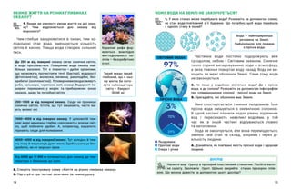 14 15
ЧОМУ ВОДА НА ЗЕМЛІ НЕ ЗАКІНЧУЄТЬСЯ?
1. У яких станах може перебувати вода? Розкажіть за допомогою схеми,
як стан води пов’язаний з  її будовою. Що потрібно, щоб вода перейшла
з одного стану в інший?
ЯКИМ Є ЖИТТЯ НА РІЗНИХ ГЛИБИНАХ
ОКЕАНУ?
1. Якими ви уявляєте умови життя на дні океа-
ну? Чим відрізняється дно океану від
морського?
Чим глибше занурюватися в  океан, тим хо-
лоднішою стає вода, зменшується кількість
світла й кисню. Товща води створює сильний
тиск.
200–1000  м від поверхні океану. Сюди не проникає
сонячне світло. Істоти, що тут мешкають, часто ма-
ють великі очі.
До 200  м від поверхні океану сягає сонячне світло,
а  вода прогрівається. Поверхневі води океану най-
більше заселені. Тут є планктон — ​
дрібні організми,
що не можуть протистояти течії (бактерії, водорості
(фітопланктон), молюски, личинки, ракоподібні, без-
хребетні (зоопланктон)). У поверхневих водах живуть
риби, кальмари, черепахи, змії, ссавці. Водорості по-
ширені переважно у  морях та прибережних зонах
океанів, адже їм потрібне світло.
1000–4000  м від поверхні океану. У  цілковитій тем-
ряві деякі мешканці глибин «запалюють» власне світ-
ло, щоб побачити здобич. А,  наприклад, кашалоти,
пірнають сюди для полювання.
4000–6000 м від поверхні океану. Тут холодно й тем-
но, тому й мешканців дуже мало. Здебільшого це без-
хребетні, як-от морські зірки.
Від 6000 до 11 000 м починається дно океану, де тем-
пература є близькою до нуля.
2. Створіть ілюстровану схему «Життя на різних глибинах океану».
3. Підготуйте три тестові запитання за темою уроку.
Коралові рифи фор-
муються внаслідок
життєдіяльності по-
ліпів — ​
безхребетних
істот.
Тихий океан такий
глибокий, що в ньо-
му могла би пото-
нути найвища гора
світу – Еверест
(8848 м)
Вода — найпоширеніша
речовина на Землі.
Найціннішою для людини
є прісна вода.
Насипте шар ґрунту в прозорий пластиковий стаканчик. Посійте насін-
ня салату. Зволожте ґрунт. Щільно закрийте стакан прозорою плів-
кою. Що можна довести за допомогою цього досліду?
ДОСЛІД
Частинки води постійно подорожують між
суходолом, небом і  Світовим океаном. Сонячне
тепло сприяє випаровуванню води в атмосферу,
а сила тяжіння повертає воду назад. Вода не ви-
ходить за межі оболонок Землі. Саме тому вода
не закінчується.
2. Чи лише у  водоймах міститься вода? Де є прісна
вода, а де солона? Розкажіть за допомогою інфографіки
про співвідношення солоної і прісної води на Землі.
3. Пригадайте, які оболонки має Земля.
Нині спостерігається танення льодовиків. Їхня
прісна вода змішується з  океанічною солоною.
В  одній частині планети падає рівень підземних
вод і  пересихають невеликі водойми, у  той
час як в  іншій частині відбуваються повені
та затоплення.
Вода не закінчується, але вона переміщується,
змінює свій стан та склад, зокрема і  через ді-
яльність людини.
4. Дізнайтеся, як пов’язані якість прісної води і здоров’я
людини.
СВІТОВИЙ ОКЕАН
ПРІСНА ВОДА
97%
3%
Льодовики
Ґрунтові води
Озера і річки
 