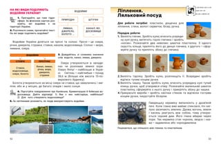 52 53
Для роботи потрібні: пластилін, дощечка для
ліплення, стеки, вологі серветки, бісер, ручка.
Порядок роботи:
1. 
Виліпіть глечик. Зробіть кулю, втисніть усереди­
ну кулі ручку, витягніть горло глечика і зробіть
«носик». Розкачайте два невеликі шматки пластиліну. З  одного
скрутіть кільце, приліпіть його до денця глечика, з другого — ​
сфор-
муйте ручку та приліпіть збоку до глечика.
НА ЯКІ ВИДИ ПОДІЛЯЮТЬ
ВОДОЙМИ УКРАЇНИ?
1. Пригадайте, що таке гідро­
сфера. За фізичною картою роз-
кажіть, які водойми є на
терит­
орії України.
2. Розгляньте схеми, прочитайте текст.
На які види поділяють водойми?
Ліплення.
Ляльковий посуд
ВОДОЙМИ
ПРИРОДНІ ШТУЧНІ
ЛИМАН,
ДЖЕРЕЛО,
БОЛОТО ...
КАНАЛ, ВО-
ДОСХОВИЩЕ
...
ВОДОЙМИ
СТОЯЧІ ПРОТІЧНІ
Ставок,
водосховище,
озеро, болото
Канал, лиман,
річка, море,
джерело,
струмок
Водойми України діляться на прісні та солоні. Прісні — ​
це озера,
річки, джерела, струмки, ставки, канали, водосховища. Солоні — ​
моря,
лимани, озера.
3. Довідайтесь зі словника значення
слів: водотік, канал, лиман, джерело.
Озера утворюються в  запади-
нах чи розломах земної кори.
Озеро Ялпуг — ​
найбільше в  Украї-
ні. Світязь — ​
найглибше — ​
понад
58,6  м (більше ніж висота 15-по-
верхового будинку).
Болота утворюються на місці озера чи ставка, що замулились і змі-
ліли, або ж у місцях, де багато опадів і мало сонця.
4. Підготуйте повідомлення про Канівське, Кременчуцьке й Київське во-
досховища. Дайте відповіді: 1) Яке з  них найстаріше, найбільше?
2)  Для  чого створюють водосховища?
5. За світлинами розкажіть, як люди використовують водойми.
2.	
Виліпіть тарілку. Зробіть кулю, розплющіть її. Всередині зробіть
відтиск тупим кінцем ручки.
3.	
Виліпіть чашку. Також зробіть кулю, втисніть усередину кулі тупий
кінець ручки, щоб утворився отвір. Розкачайте маленький шматок
пластиліну, сформуйте з нього ручку і прикріпіть збоку до чашки.
4.	
Прикрасьте вироби — ​
зробіть насічки стеком та відтиски гострим
кінцем ручки, інкрустуйте бісером.
Гаварецьку кераміку випалюють у  дров’яній
печі. Коли глина вже майже спеклася, піч наг-
лухо засипають землею. Дрова, вогонь, земля
і  кисень реагують між собою, тому утворю-
ється чорний дим. Його глина вбирає через
пори. Так кераміка стає чорною, звідси і  наз-
ва — ​
задимлена або чорнодимлена.
Поцікавтеся, що спільного між глиною та пластиліном.
 