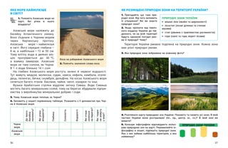 56 57
ЯК РОЗМІЩЕНІ ПРИРОДНІ ЗОНИ НА ТЕРИТОРІЇ УКРАЇНИ?
1. Пригадайте, що таке при-
родні зони. Від чого залежить
їх утворення? Які ви знаєте
природні зони?
2. Якщо проїхати від північ-
ного кордону України до пів-
денного, чи на всій території
будуть однакові погодні умо-
ви й природа? Чому?
Територія України умовно поділена на природні зони. Кожна зона
має різні природні умови.
3. Яка природна зона зображена на кожному фото?
ЯКЕ МОРЕ НАЙМІЛКІШЕ
В СВІТІ?
1. Покажіть Азовське море на
карті. Які річки в  нього
впадають?
Азовське море належить до
басейну Атлантичного океану.
Воно з’єднане з Чорним морем
через Керченську протоку.
Азовське море — ​
наймілкіше
в світі. Його середня глибина — ​
8  м, а  найбільша — ​
13  м 50  см.
Тому влітку вода в  деяких міс-
цях прогрівається до 30  о
С,
а  взимку замерзає. Азовське
море не таке солоне, як Чорне.
В 1 л води близько 14 г солі.
На глибині Азовського моря ростуть зелені й червоні водорості.
Тут живуть медузи, молюски, судак, хамса, кефаль, камбала, оселе-
дець, пеленгас, бички, скумбрія, дельфіни. На косах Азовського моря
селиться багато птахів: баклани, чайки, чаплі, казарки та інші.
Вузька Арабатська стрілка відділяє затоку Сиваш. Води Сиваша
містять багато мінеральних солей, тому на берегах збудували підпри-
ємства з виробництва мінеральних добрив і соди.
3. Чому Азовське море тепліше за Чорне?
4. Заповніть у зошиті порівняльну таблицю. Розкажіть з її допомогою про Чор-
не й Азовське моря.
До
якого
басейну
належить?
Які
річки
впадають?
Глибина
Солоність
Водорості
Які
птахи
селяться
на
берегах?
Які
твари-
ни
живуть
у
морі?
Чорне
море
Азовське
море
Коса на узбережжі Азовського моря
2. Поясніть значення слова коса.
ПРИРОДНІ ЗОНИ УКРАЇНИ
‣	 мішані ліси (хвойні та широколисті)
‣	 лісостеп (лісові ділянки та степові
масиви)
‣	 степ (рівнина з трав’янистою рослинністю)
‣	 гори (скелі та гори, вкриті лісами)
5. Кольори інфографіки відповідають кольо-
рам природних зон на карті. Перемалюйте ін-
фографіку в  зошит, підпишіть природні зони.
Яка з  них займає найбільшу територію, а  яка
найменшу?
ПРИРОДНІ ЗОНИ УКРАЇНИ
4. Розгляньте карту природних зон України. Покажіть та назвіть усі зони. В якій
частині України вони розташовані (пн., пд., центр, зх., сх.)? В  якій зоні ви
живете?
 