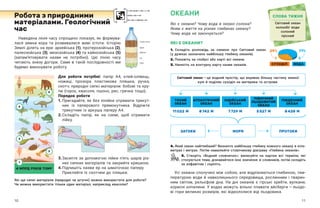 10 11
Наведена лінія часу спрощено показує, як формува-
лася земна кора та розвивалися живі істоти. Історію
Землі ділять на ери: архейська (1), протерозойська (2),
палеозойська (3), мезозойська (4) та кайнозойська (5)
(запам’ятовувати назви не потрібно). Цю лінію часу
читають знизу догори. Саме в такій послідовності ми
будемо виконувати роботу.
Робота з природними
матеріалами. Геологічний
час
ОКЕАНИ
Які є океани? Чому вода в океані солона?
Яким є життя на різних глибинах океану?
Чому вода не закінчується?
ЯКІ Є ОКЕАНИ?
1. Складіть розповідь за схемою про Світовий океан
(у дужках зазначено найбільшу глибину океанів).
2. Покажіть на глобусі або карті всі океани.
3. Нанесіть на контурну карту назви океанів.
СЛОВА ТИЖНЯ
Світовий океан
колообіг води
солоний
прісний
Для роботи потрібні: папір А4, клей-олівець,
ножиці, прозора пластикова пляшка, ручка,
скотч; природні сипкі матеріали: бобові та кру-
пи (горох, квасоля, пшоно, рис, гречка тощо).
Порядок роботи
1.	
Пригадайте, як без лінійки отримати трикут-
ник із паперового прямокутника. Відріжте
трикутник із аркуша паперу А4.
2.	
Складіть папір, як на схемі, щоб отримати
лійку.
3.	
Засипте за допомогою лійки п’ять шарів різ-
них сипких матеріалів та закрийте кришкою.
4.	
Підпишіть назви ер на шматочках паперу.
Приклейте їх скотчем до пляшки.
4 МЛРД РОКІВ ТОМУ
Які ще сипкі матеріали (природні чи штучні) можна використати для роботи?
Чи можна використати тільки один матеріал, наприклад квасолю?
3
1
4
5
2
4. Який океан найглибший? Визначте найбільшу глибину кожного океану в кіло-
метрах і метрах. Потім намалюйте стовпчикову діаграму «Глибина океанів».
5. Створіть «Водний словничок»: виписуйте на картки всі терміни, які
стосуються теми, дізнавайтеся їхнє значення зі словників, потім складіть
за алфавітом і скріпіть.
Усі океани сполучені між собою, але відрізняються глибиною, тем-
пературою води й навколишнього середовища, рослинним і  тварин-
ним світом, рельєфом дна. На дні океанів є гірські хребти, вулкани,
корисні копалини. У водах можуть вільно плавати айсберги — ​
льодо-
ві гори великих розмірів, які відкололися від льодовика.
СУХОДІЛ ВОДА
Світовий океан — ​
це водний простір, що вкриває більшу частину земної
кулі й поділяє суходіл на материки та острови.
ЗАТОКИ МОРЯ ПРОТОКИ
ТИХИЙ
ОКЕАН
АТЛАНТИЧНИЙ
ОКЕАН
ІНДІЙСЬКИЙ
ОКЕАН
ПІВНІЧНИЙ
ЛЬОДОВИТИЙ
ОКЕАН
ПІВДЕННИЙ
ОКЕАН
11 022 М 8 742 М 7 729 М 5 527 М 8 428 М
 