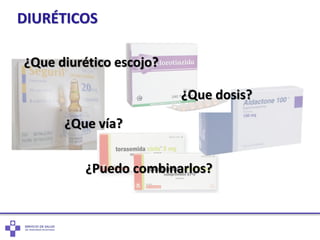 DIURÉTICOS
¿Puedo combinarlos?
¿Que vía?
¿Que dosis?
¿Que diurético escojo?
 