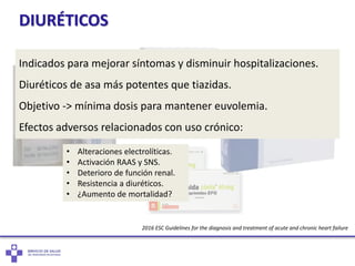 DIURÉTICOS
2016 ESC Guidelines for the diagnosis and treatment of acute and chronic heart failure
Indicados para mejorar síntomas y disminuir hospitalizaciones.
Diuréticos de asa más potentes que tiazidas.
Objetivo -> mínima dosis para mantener euvolemia.
Efectos adversos relacionados con uso crónico:
• Alteraciones electrolíticas.
• Activación RAAS y SNS.
• Deterioro de función renal.
• Resistencia a diuréticos.
• ¿Aumento de mortalidad?
 