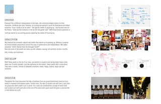 DEFINE
Everyone has a different interpretation of the topic, and commonly people relate it to their
memories, childhood and love. However, as a group we wanted to push the boundaries and asked
ourselves “how it stinks to be an adult” “the specific smells of growing up,” and focused more on
the theme: “what are the moments in life we felt like grown ups?” With these bizarre questions in                      Greasy   Make-ups   Menstruation

                                                                                                                                                                                                                                    shoes
mind we started on an exciting journey exploring the smells of Growing Up.
                                                                                                                                                                                                                shopping bags

                                                                                                                                                                                spa                            make-up
                                                                                                                                                                Dirty laundry
                                                                                                                                                                                                   cooking
                                                                                                                                PIMPLES
                                                                                                                                                                                                              Women

DISCOVER                                                                                                             Parties                                    Lack of soap

                                                                                                                                                                                                                                  girls night
We listed all the moments, objects and smells that remind us of growing up. Without a surprise,       Stress


we found multiple associations around the topic of adolescence and independence. We asked                                                                                                  milk
ourselves “which themes have the strongest smell?”                                                                                            Late night h.w.                                                       waxing
                                                                                                       Cigrattes +

Here are some of the smells we came up with: pimples, waxing, nail polisher, alcohol, monthly          Alcohol
                                                                                                                                                                                                                secrets
                                                                                                                                                                  Depression          cellulite
bills, money, and loneliness.


DEVELOP
                                                                                                                                                                                         what do you think?                     what do you think?
With these smells at the tip of our nose, we started to visualize and narrow down these stinky                                                                                  Smell your luck today                  SMELL YOU

ideas into 10 solid concepts. Just like perfumes on the market, these smells didn’t come alone.
They were a smelly mixture of awkward situations, sweet, happy, intense, angry and sad
moments.




DELIVER
Throughout the class discussion the idea of balloons from our group distinctively stood out as a
media to maintain and release scents. Further more, the idea of scratch and sniff from a card from
our group also been voted to put in action. As a class we combined the concept of scent clock
with scratch and sniff card, also at the end of the event each guest would be given a surprise five
o’clock balloon as a gift.
 