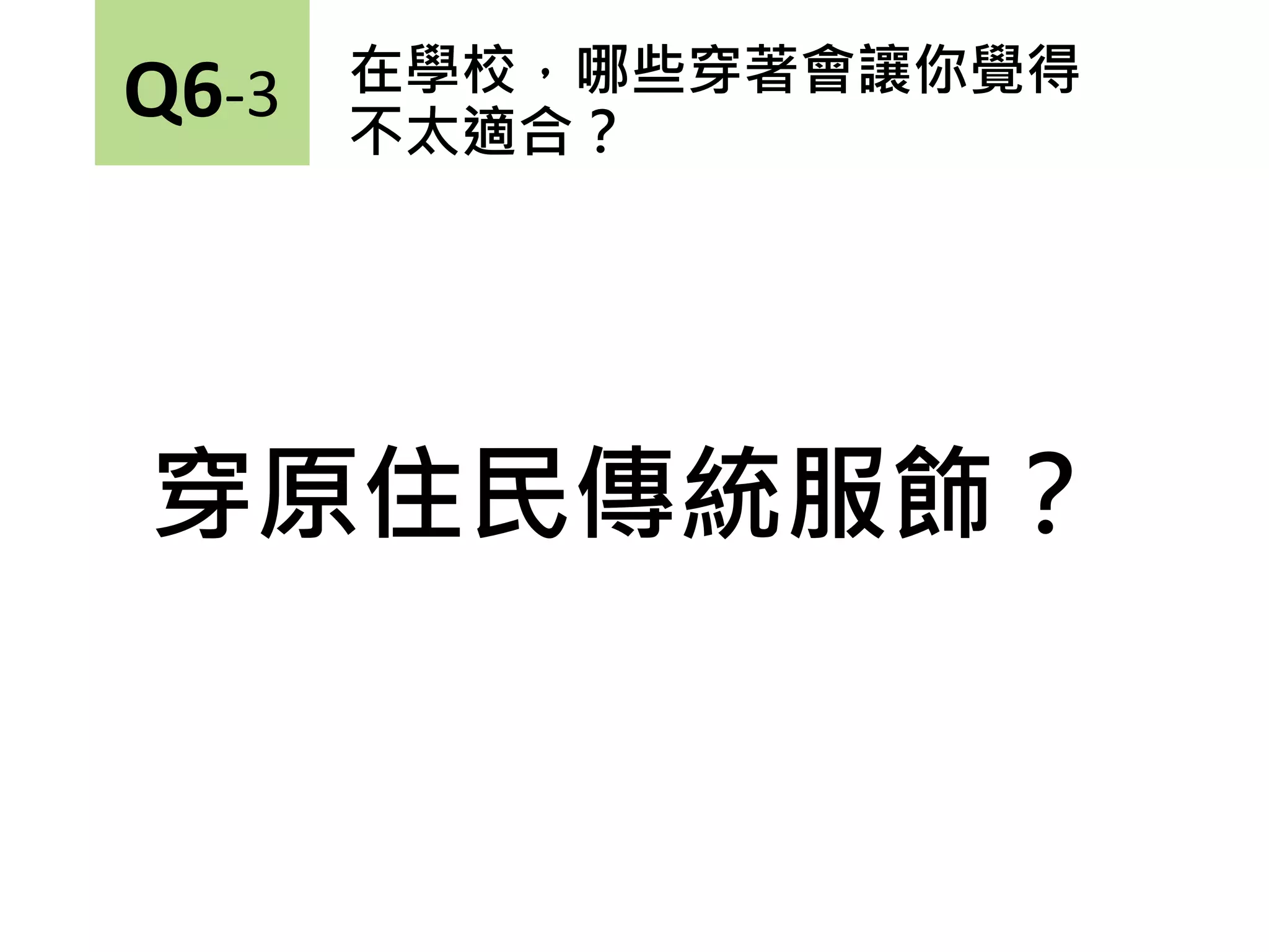 穿原住民傳統服飾？
在學校，哪些穿著會讓你覺得
不太適合？
Q6-3
 