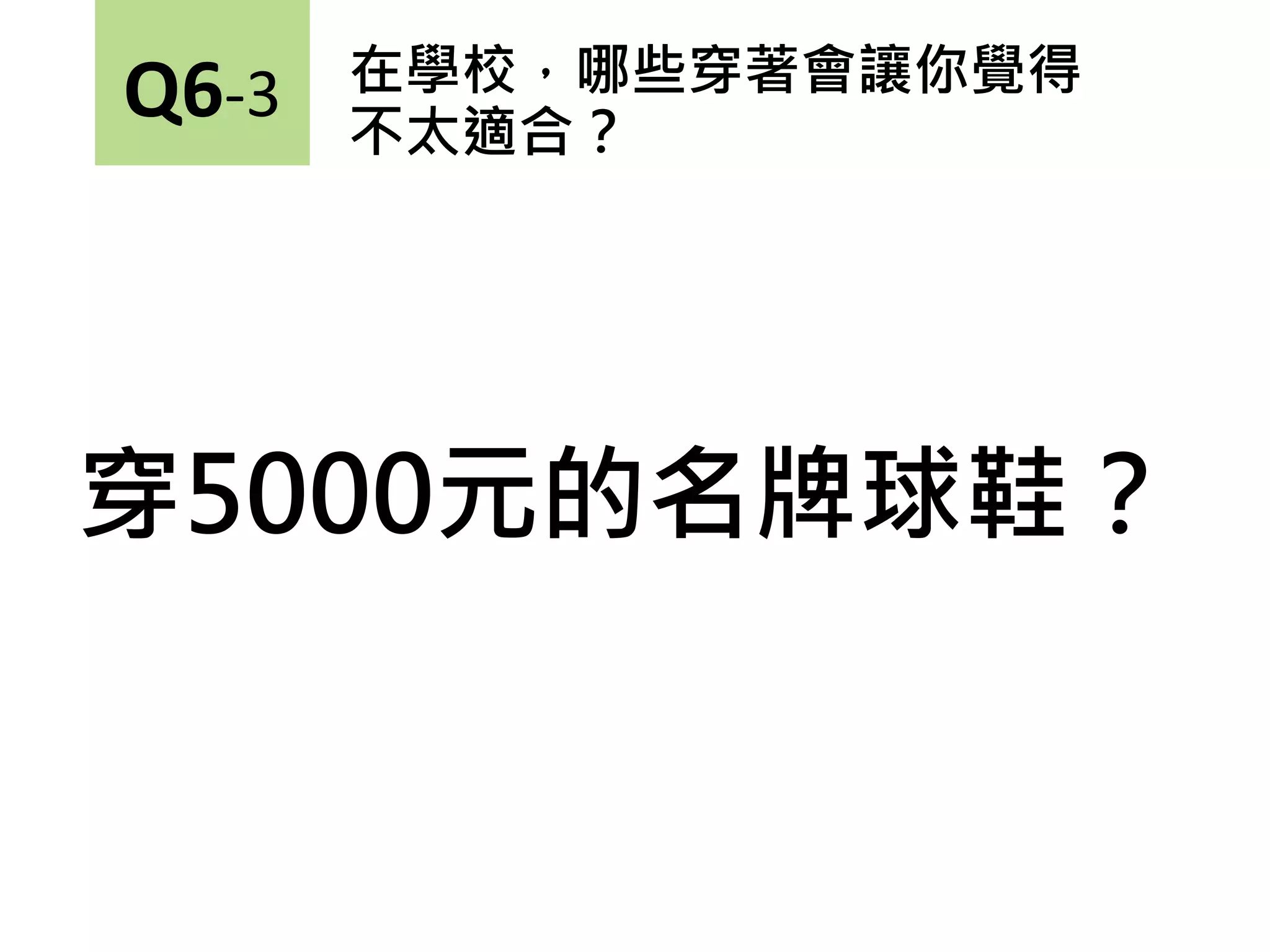 穿5000元的名牌球鞋？
在學校，哪些穿著會讓你覺得
不太適合？
Q6-3
 