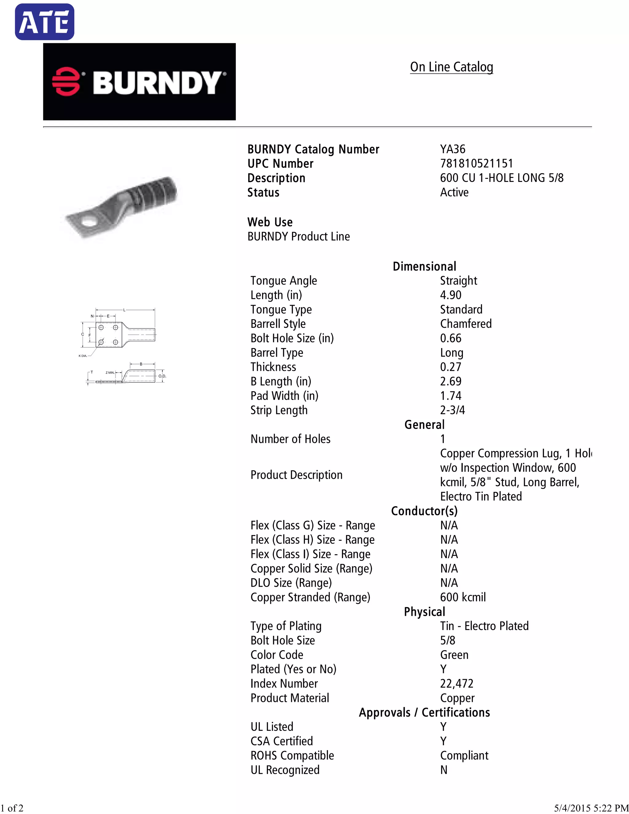 BURNDY CABLE LUG YA36 PDF