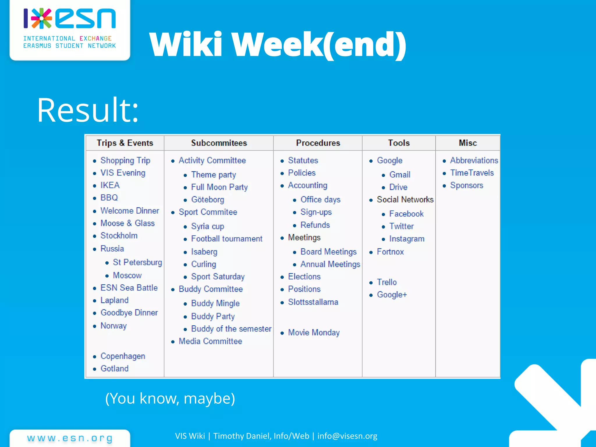 Wiki Week(end)
Result:
VIS Wiki | Timothy Daniel, Info/Web | info@visesn.org
(You know, maybe)
 