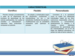 Científica: Flexible: Personalizada: 
Permite manejar procedimientos 
a partir de la observación de 
procesos de aprendizaje de los 
actores participantes, los cuales se 
someten a interpretación y 
valoración para profundizar y 
enriquecer su práctica. 
Se adapta y contextualiza según 
las situaciones, condiciones y 
características de los y las 
estudiantes; facilitando los ajuntes y 
modificaciones que se consideren 
necesarios para optimizar el 
proceso. 
Considera al y la estudiante 
como un sujeto con diferencias 
individuales, capaz de ser libre, 
autónomos, responsable, crítico de 
valoraciones y conocimientos, 
perteneciendo al maestro y la 
maestra prever diferentes 
experiencias de aprendizaje para 
las individualidades, con el fin de 
lograr los objetivos educativos, sin 
perder de vista el hecho colectivo. 
CARACTERISTICAS. 
 