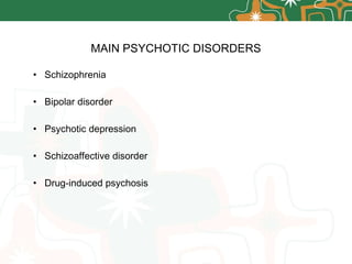 MAIN PSYCHOTIC DISORDERS Schizophrenia Bipolar disorder Psychotic depression Schizoaffective disorder Drug-induced psychosis 