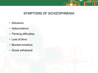 SYMPTOMS OF SCHIZOPHRENIA Delusions Hallucinations Thinking difficulties Loss of drive Blunted emotions Social withdrawal 