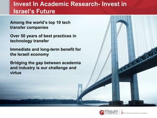 Invest In Academic Research- Invest in
Israel’s Future
Among the world’s top 10 tech
transfer companies
Over 50 years of best practices in
technology transfer

Immediate and long-term benefit for
the Israeli economy
Bridging the gap between academia
and industry is our challenge and
virtue

 