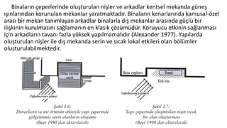 Binaların çeperlerinde oluşturulan nişler ve arkadlar kentsel mekanda güneş
ışınlarından korunulan mekanlar yaratmaktadır. Binaların kenarlarında kamusal-özel
arası bir mekan tanımlayan arkadlar binalarla dış mekanlar arasında güçlü bir
ilişkinin kurulmasını sağlamanın en klasik çözümüdür. Koruyucu etkinin sağlanması
için arkadların tavanı fazla yüksek yapılmamalıdır (Alexander 1977). Yapılarda
oluşturulan nişler ile dış mekanda serin ve sıcak lokal etkileri olan bölümler
oluşturulabilmektedir.
 