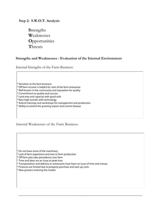 Step 2: S.W.O.T. Analysis
Strengths
Weaknesses
Opportunities
Threats
Strengths and Weaknesses - Evaluation of the Internal Environment
Internal Strengths of the Farm Business:
Internal Weaknesses of the Farm Business:
* Devotion to the farm business
* Off farm income is helpful for start of the farm enterprise
* Well known in the community and reputation for quality
* Commitment to quality and success
* Land area and capacity with good soils
* New high tunnels with technology
* Attend trainings and workshops for management and production
* Ability to extend the growing season and control disease
* Do not have some of the machinery
* Lack of farm experience and new to farm production
* Off farm jobs take precedence over farm
* Time and labor are an issue at peak time
* Transportation and delivery to restaurants have been an issue of time and money
* Finances are limited due to property purchase and start up costs
* New growers entering the market
 