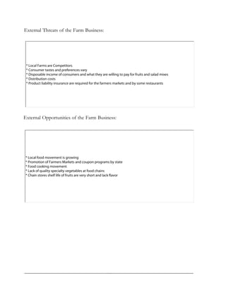 External Threats of the Farm Business:
External Opportunities of the Farm Business:
* Local Farms are Competitors
* Consumer tastes and preferences vary
* Disposable income of consumers and what they are willing to pay for fruits and salad mixes
* Distribution costs
* Product liability insurance are required for the farmers markets and by some restaurants
* Local food movement is growing
* Promotion of Farmers Markets and coupon programs by state
* Food cooking movement
* Lack of quality specialty vegetables at food chains
* Chain stores shelf life of fruits are very short and lack flavor
 