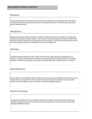 Production:
Management:
Marketing:
Human Resources:
Finance/Accounting:
IMPLEMENTATION STRATEGY
In order to implement this business plan Greenway Farms will follow 3 year production plan which details
production and marketing details for each month. See attached timeline. We will also need to purchase
product liability insurance.
Management decisions will be made by John and Mary. Mary has primary responsibility for managing the
marketing to restaurants and farm markets. John focuses on production aspects including the high tunnels.
As the farm expands Julie will be more involved in the farm operation. Julie and Mary will also attend a local
community college workshop on QuickBooks and business management.
A detailed marketing budget has been created. We will create a logo, signage and packaging for our
products. In order to move forward we will work with a local company to design and print our marketing
materials. We will also start talking to restaurants and doing follow ups to generate interest in products.
Primary labor will be provided by the immediate family. We have access to neighborhood youth that we can
recruit to help on a seasonal basis. We may need to hire part time labor as the business expands. Were
needed we have the ability to custom hire major machinery or tillage operations.
A projected cash flow and income statements have been completed. We will meet with our bank and
establish a separate farm account and line of credit for input purchases. The farm accounts will be kept
through QuickBooks software.
 