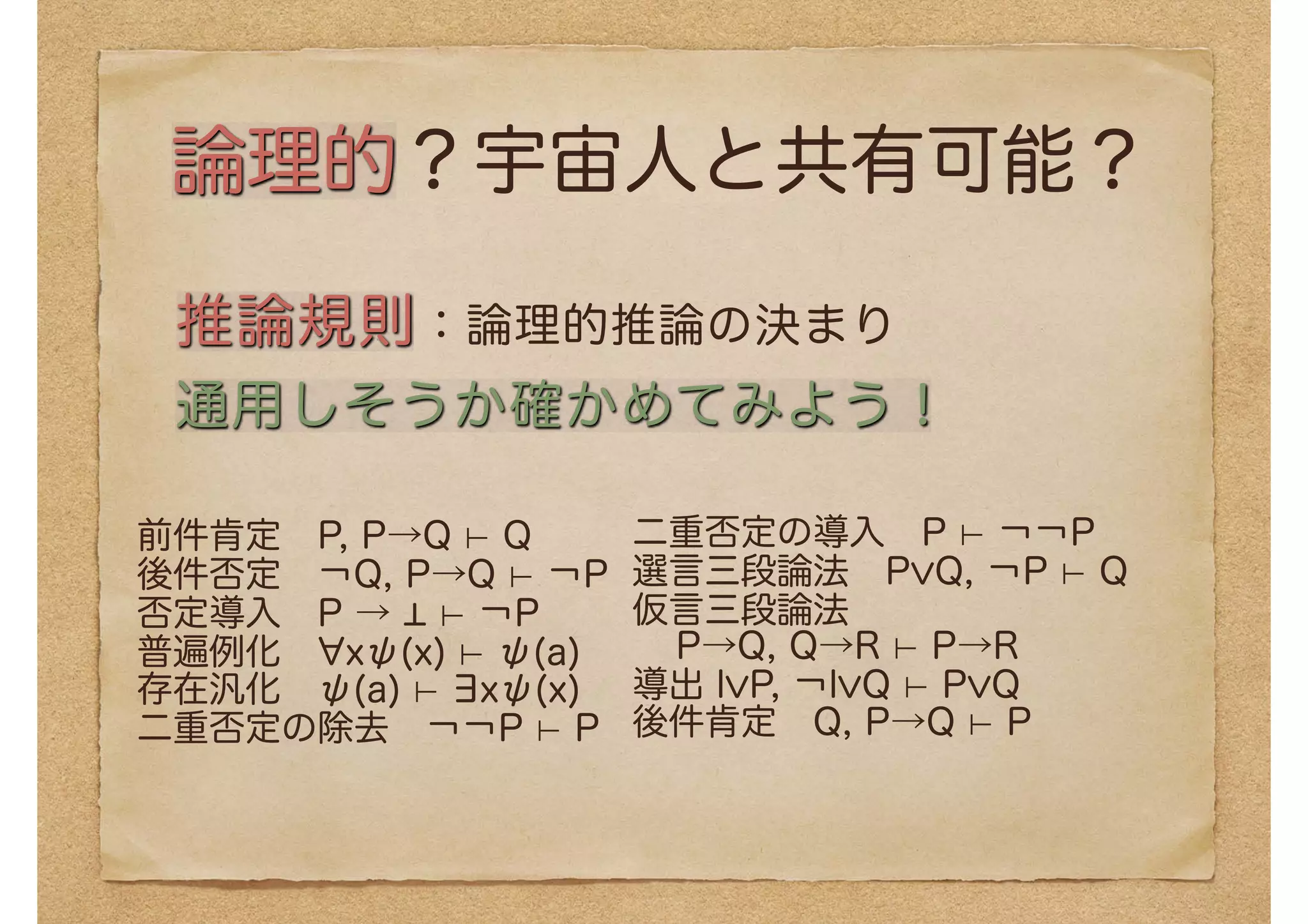 論理的？宇宙人と共有可能？
前件肯定　P, P→Q ⊢ Q
後件否定　¬Q, P→Q ⊢ ¬P
否定導入　P → ⊥ ⊢ ¬P
普遍例化　∀xψ(x) ⊢ ψ(a)
存在汎化　ψ(a) ⊢ ∃xψ(x)
二重否定の除去　¬¬P ⊢ P
二重否定の導入　P ⊢ ¬¬P
選言三段論法　P∨Q, ¬P ⊢ Q
仮言三段論法　
P→Q, Q→R ⊢ P→R
導出 l∨P, ¬l∨Q ⊢ P∨Q
後件肯定　Q, P→Q ⊢ P
推論規則：論理的推論の決まり
通用しそうか確かめてみよう！
 