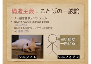 構造主義：ことばの一般論
『一般言語学』ソシュール
指し示されるもの(現実にある対象)
→シニフィエ
指し示すもの(記号・イデア・数学記号)
→シニフィアン
白い猫が
一匹いる！
シニフィエ シニフィアン
 
