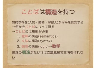 ことばは構造を持つ
知的な存在(人間・動物・宇宙人)が何かを認知する
→何かをことばによって語る
→ことばには規則が必要
1. 意味の構造(semantics)
2. 文法の構造(syntax)
3. 論理の構造(logic)→数学
論理の構造がなければ支離滅裂で文明を作れな
い
 