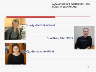 YABANCI DİLLER EĞİTİMİ BÖLÜMÜ
                       ÖĞRETİM ELEMANLARI




Dr. Judy MONTHIE-DOYUM



                  Dr. Anthony John PAVLIK



Öğr. Gör. Ivana VIAPPIANI




                                                 14
 