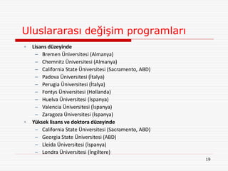 Uluslararası değişim programları
•   Lisans düzeyinde
     – Bremen Üniversitesi (Almanya)
     – Chemnitz Üniversitesi (Almanya)
     – California State Üniversitesi (Sacramento, ABD)
     – Padova Üniversitesi (İtalya)
     – Perugia Üniversitesi (İtalya)
     – Fontys Üniversitesi (Hollanda)
     – Huelva Üniversitesi (İspanya)
     – Valencia Üniversitesi (İspanya)
     – Zaragoza Üniversitesi (İspanya)
•   Yüksek lisans ve doktora düzeyinde
     – California State Üniversitesi (Sacramento, ABD)
     – Georgia State Üniversitesi (ABD)
     – Lleida Üniversitesi (İspanya)
     – Londra Üniversitesi (İngiltere)
                                                         19
 