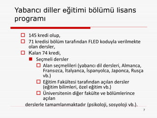 Yabancı diller eğitimi bölümü lisans
programı

  145 kredi olup,
  71 kredisi bölüm tarafından FLED koduyla verilmekte
   olan dersler,
  Kalan 74 kredi,
    Seçmeli dersler
        Alan seçmelileri (yabancı dil dersleri, Almanca,
           Fransızca, İtalyanca, İspanyolca, Japonca, Rusça
           vb.)
        Eğitim Fakültesi tarafından açılan dersler
           (eğitim bilimleri, özel eğitim vb.)
        Üniversitenin diğer fakülte ve bölümlerince
           açılan
  derslerle tamamlanmaktadır (psikoloji, sosyoloji vb.).
                                                          7
 