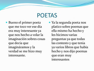 POETASBueno el primer poeta que me toco ver ese día era muy interesante ya que nos hecho a volar la imaginación sobres cosas que decía que imagináramos y la verdad se me hizo muy interesante.Ya la segunda poeta nos platico sobre poemas que ella mismo ha hecho y les hicimos varias preguntas ya que todas las contesto y que tenia ya varios libros que había hecho y nos dijo poemas que eran muy interesantes
