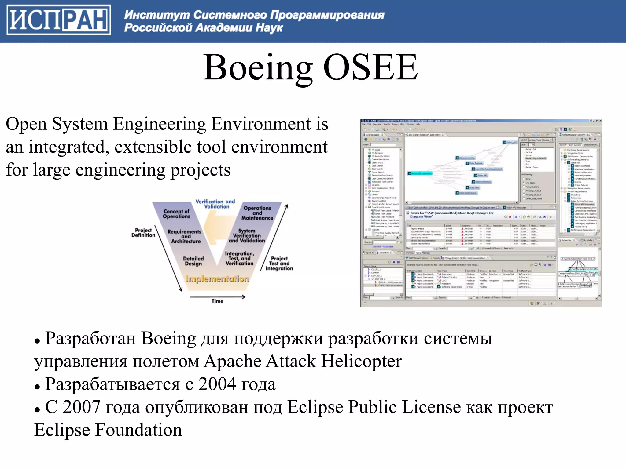 Boeing OSEE
Open System Engineering Environment is
an integrated, extensible tool environment
for large engineering projects




    Разработан Boeing для поддержки разработки системы
   управления полетом Apache Attack Helicopter
    Разрабатывается с 2004 года

    С 2007 года опубликован под Eclipse Public License как проект

   Eclipse Foundation
 