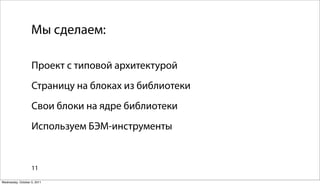 Мы сделаем:

                   Проект с типовой архитектурой
                   Страницу на блоках из библиотеки
                   Свои блоки на ядре библиотеки
                   Используем БЭМ-инструменты


                   11

Wednesday, October 5, 2011
 