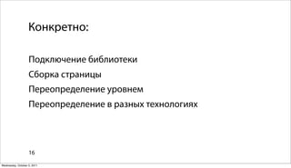 Конкретно:

                   Подключение библиотеки
                   Сборка страницы
                   Переопределение уровнем
                   Переопределение в разных технологиях



                   16

Wednesday, October 5, 2011
 
